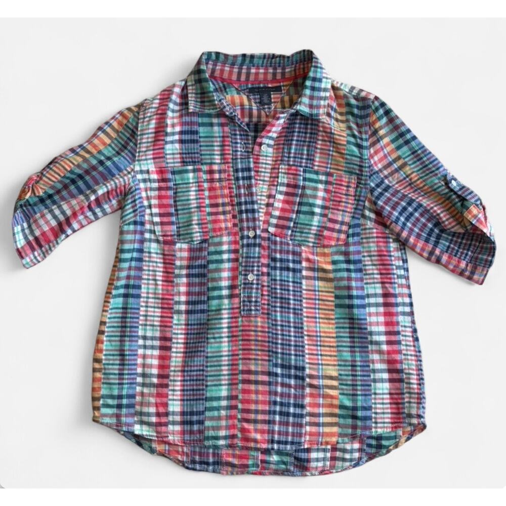 Tommy Hilfiger Women Petite S Plaid Shirt Casual Black Multicolor